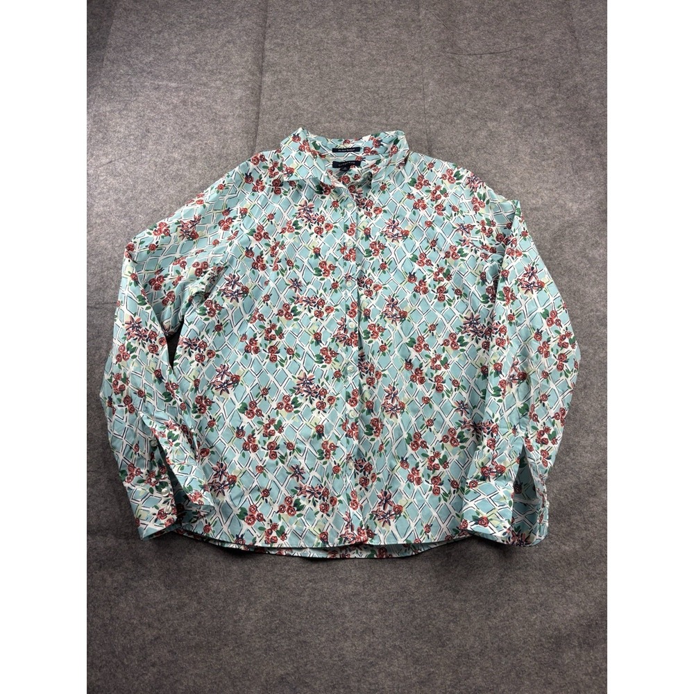 Lands End Womens No Iron Supima Shirt Size 16P Petite Blue Floral Lattice Blouse